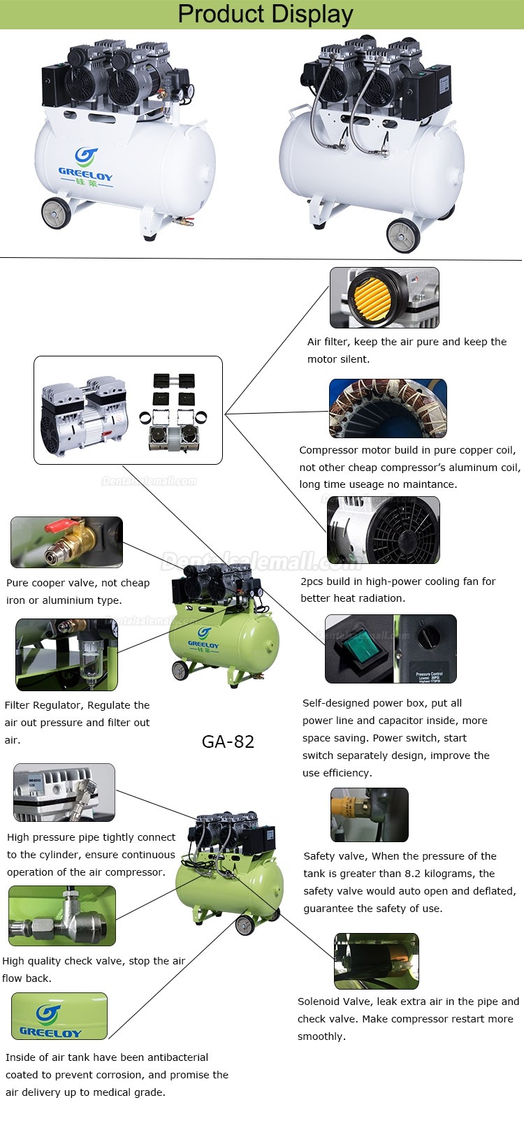 Greeloy® GA-82 Dental Oilless Air Compressor Double Motor